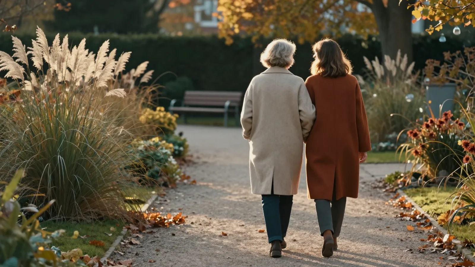 Mutter und Tochter spazieren Arm in Arm durch einen herbstlichen Garten